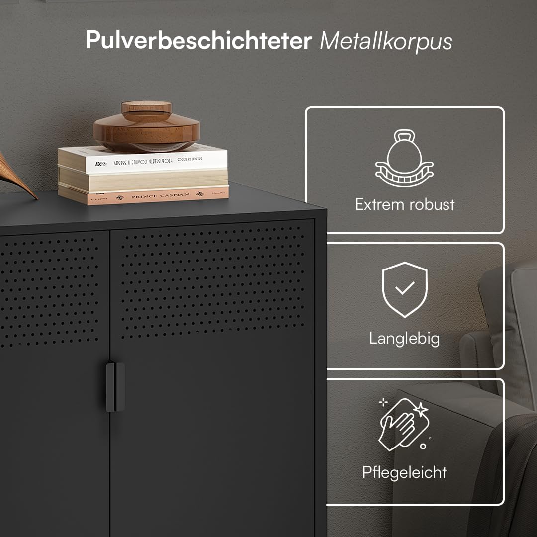skølm Izar Metall Kommode – Wohnzimmerschrank in Schwarz – Metallschrank mit 2 Fächern & Doppeltüren – Sideboard für Wohnzimmer – Mehrzweckschrank 80 cm breit – Highboard Industrial Style