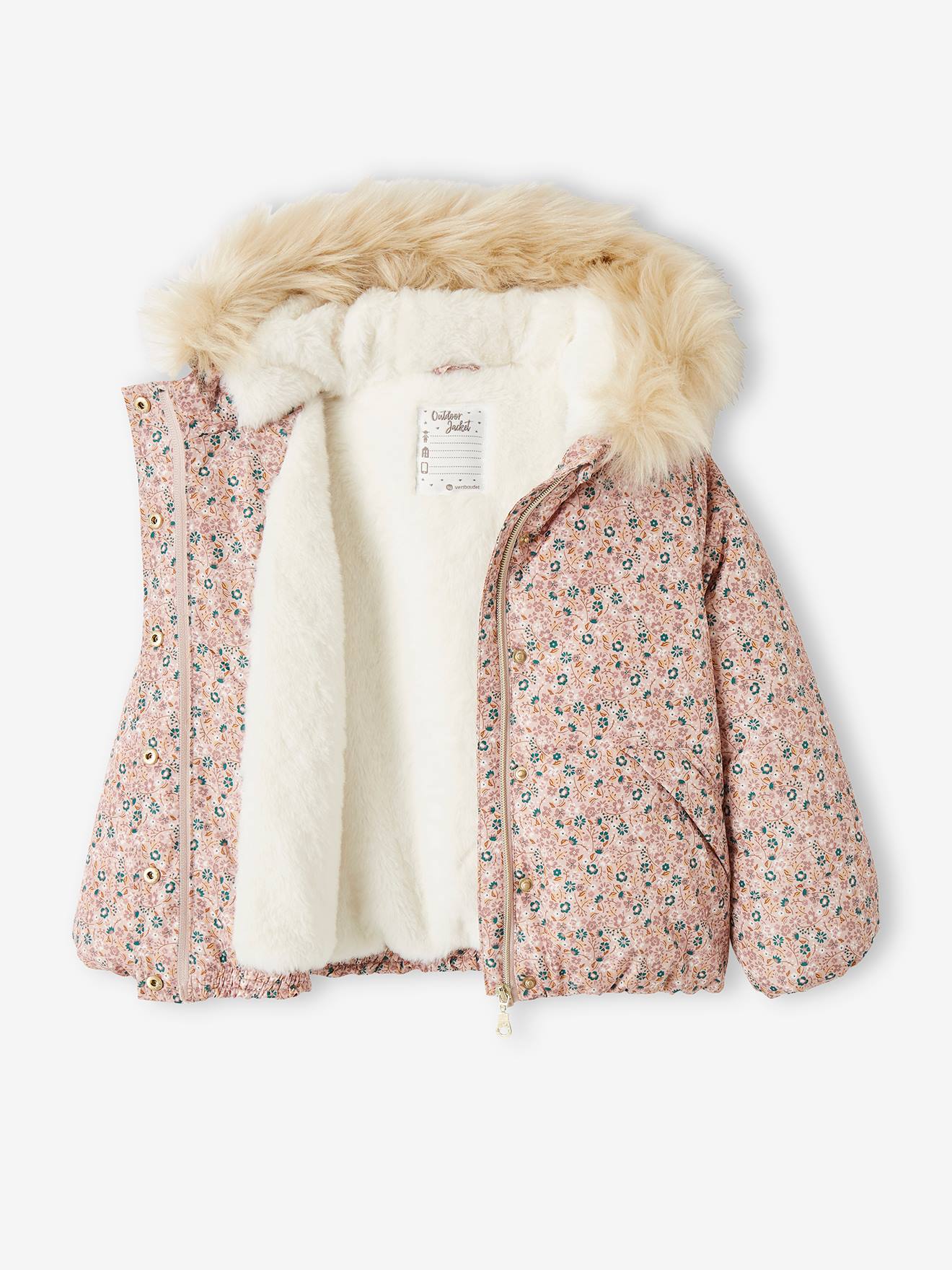 Jaqueta curta acolchoada com capuz estampado floral, tamanho médio infantil, estampa roxa.