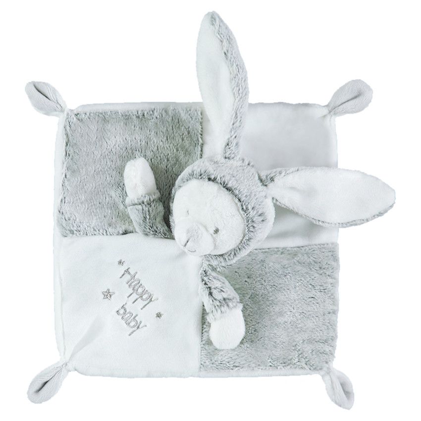 Doudou plat lapin en sherpa avec inscriptions brodées - Gris/Vert