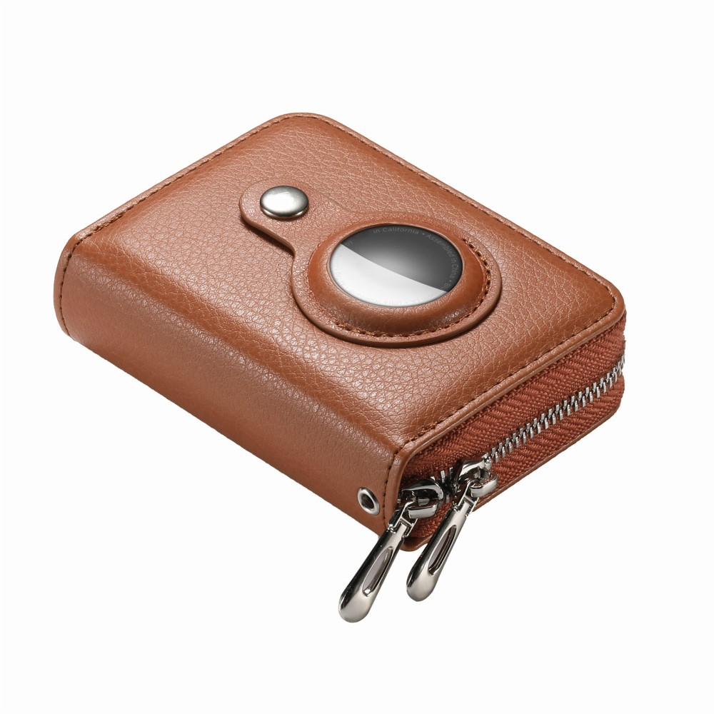 (12.7x11.1x3.6cm) Apple AirTag Wallet Mini Kreditkarten Portemonnaie Leder Etui Geldbörse Litchi Look  (RFID Schutz) - Braun