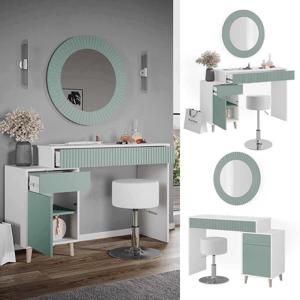 Vicco Schminktisch Frisiertisch Kosmetiktisch Arles Weiß Mintgrün Schminkspiegel Hocker 120x77 cm Skandi Schlafzimmerkommode Schminkkommode Schublade Ablage Aufbewahrung Frisierkommode Make-Up-Tisch