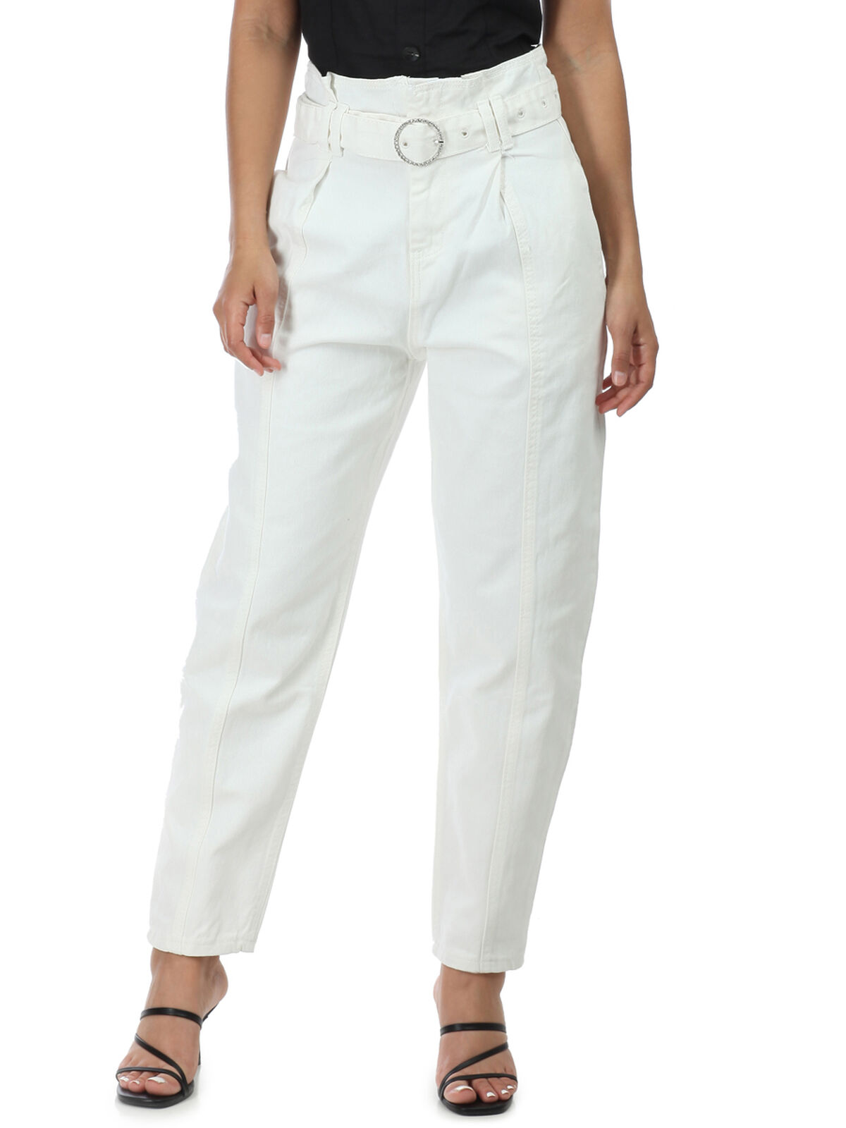 Jeans slouchy à ceinture- Blanc