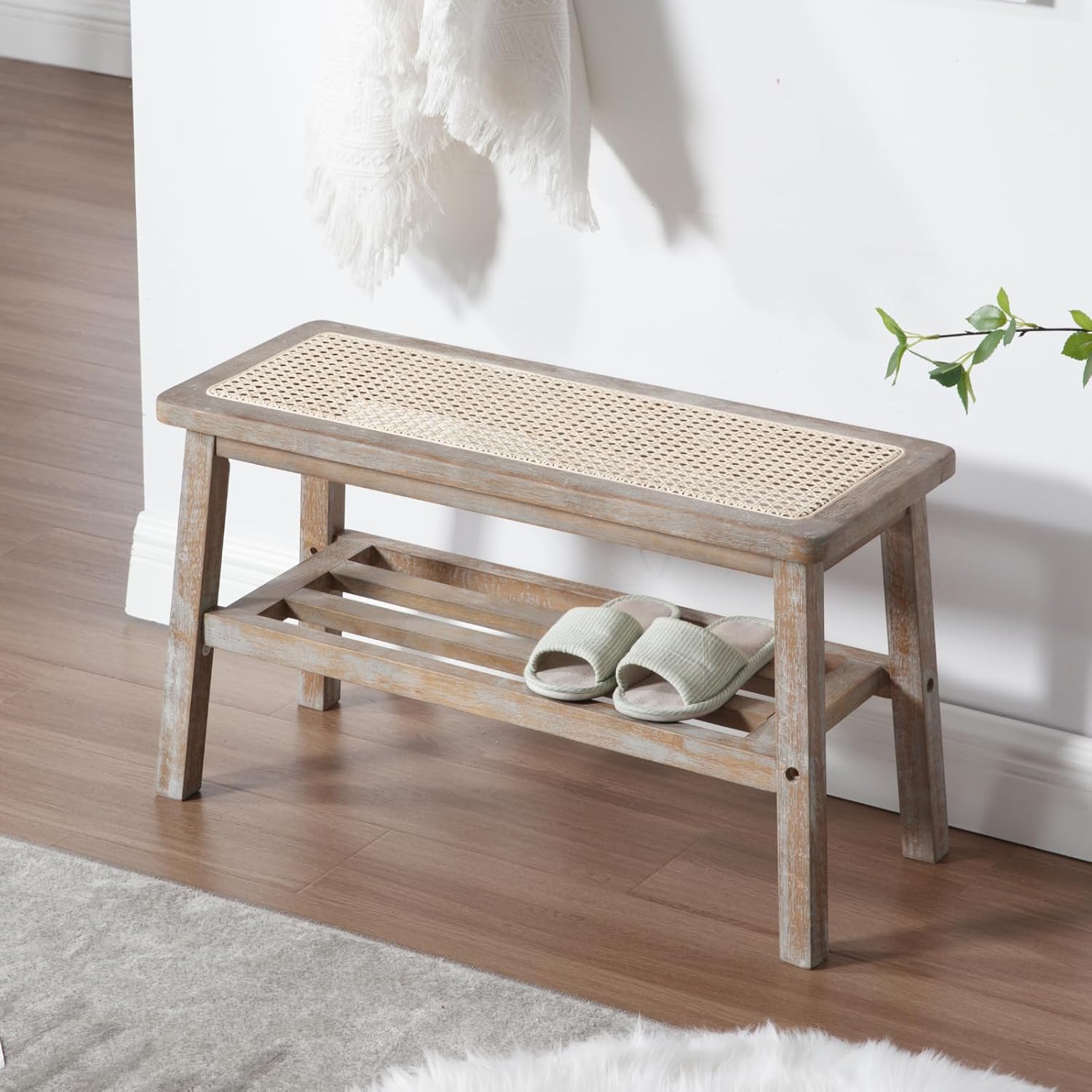 chairus Holz Küchenbank Sitzbank aus Rattan Schuhbank Sitztruhe für Flur Schuhregal für Wohnzimmer Eingangsbereich Bettbank Schlafzimmer (Beige)