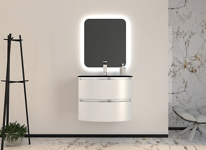 Ensemble salle de bains l.70 cm meuble sous vasque blanc brillant + plan vasque verre noir mat Vague