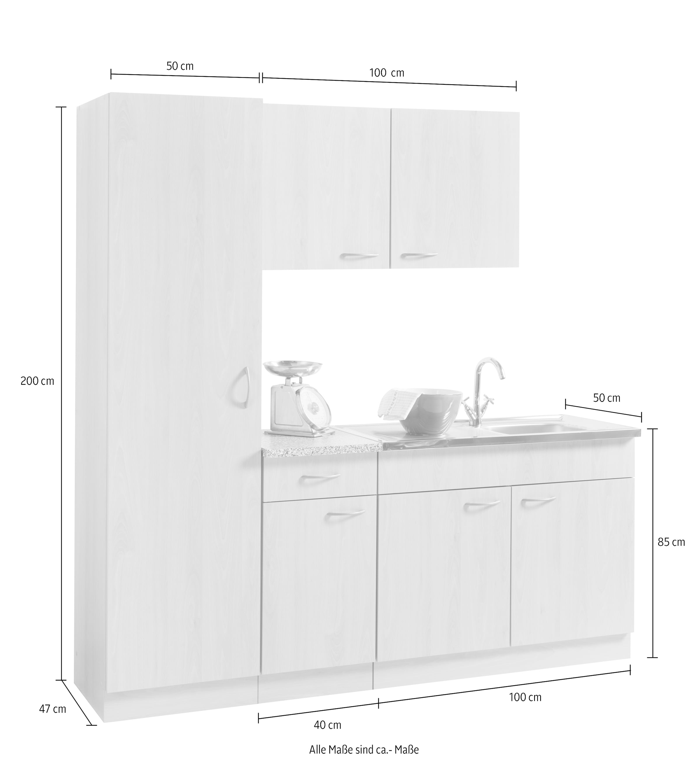 wiho Küchen Küche »Kiel« Breite 190 cm mit 28 mm starker Arbeitsplatte, Tiefe 50 cm