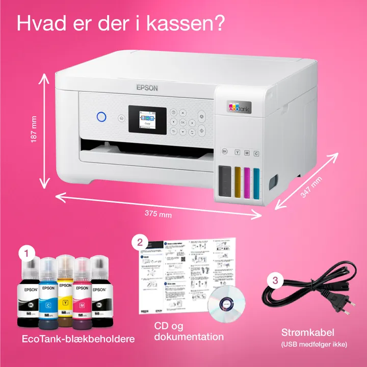 Epson EcoTank ET-2856 - Multifunktionsprinter - farve - blækprinter - kan genopfyldes - A4 (medie) - op til 10.5 spm (udskriver) - 100 ark - Wi-Fi, USB - hvid