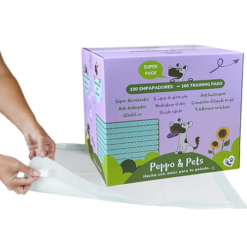 Peppo and Pets - 100 Tapetes Higiênicos para Treinamento de Cães 60x60 cm - Superabsorventes - 4 Adesivos para Fixação no Chão