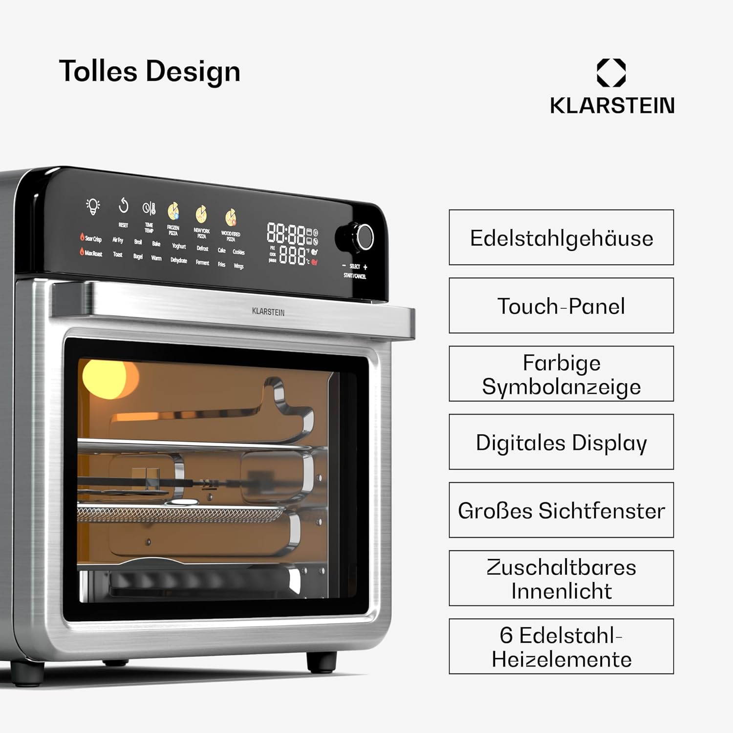Klarstein AirGlaze Digital Colour Heißluftfritteuse – 34 L, 2200 W, 19 Programme, Drehspieß, Touch Display, 40-350 °C, Pizzastein & Grillroste, Edelstahl, Doppelt Verglaste Tür, Schwarz