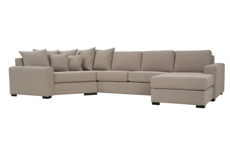 Modern Living hjørnesofa Cosy Corner venstre og 2-seter med sjeselong høyre. Tekstil Kall 9 Cappuccino med Arm A og ben 2 sortbeiset eik.