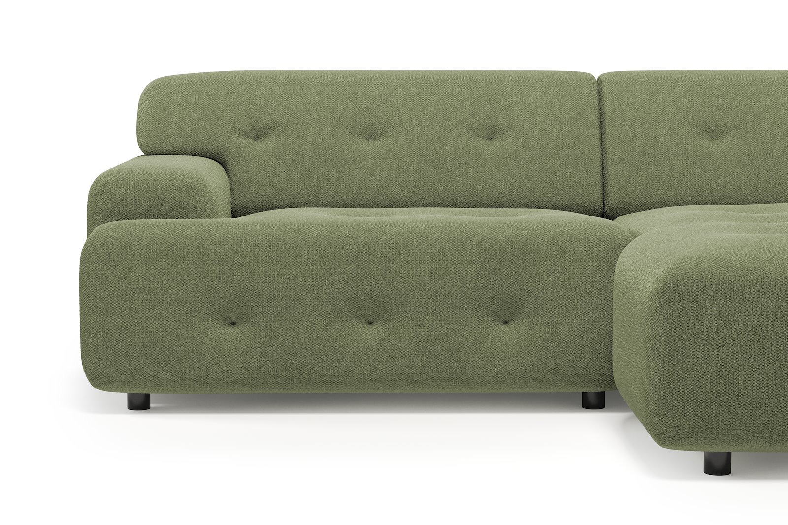 Bob sofa 1,5-seter med sjeselong høyre. Tekstil Mito 55 Pale Green med sorte ben.