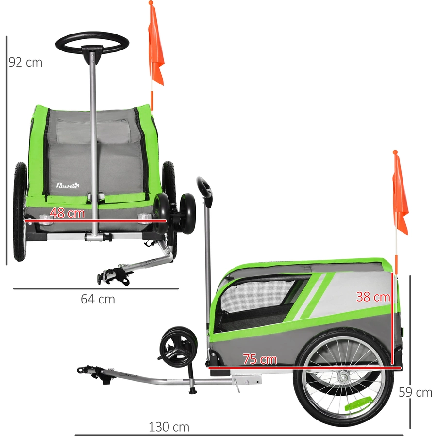 PawHut Hundeanhänger 2 in 1 Trolley grün, grau, silber