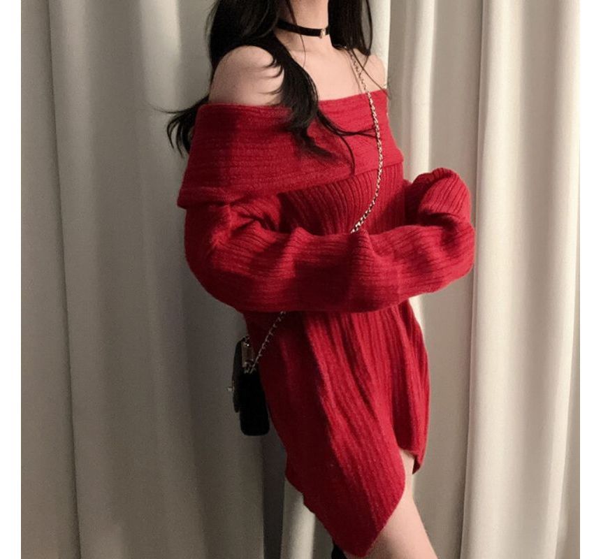 PINPI - Off-Shoulder Effen Gebreide Mini Shift Jurk