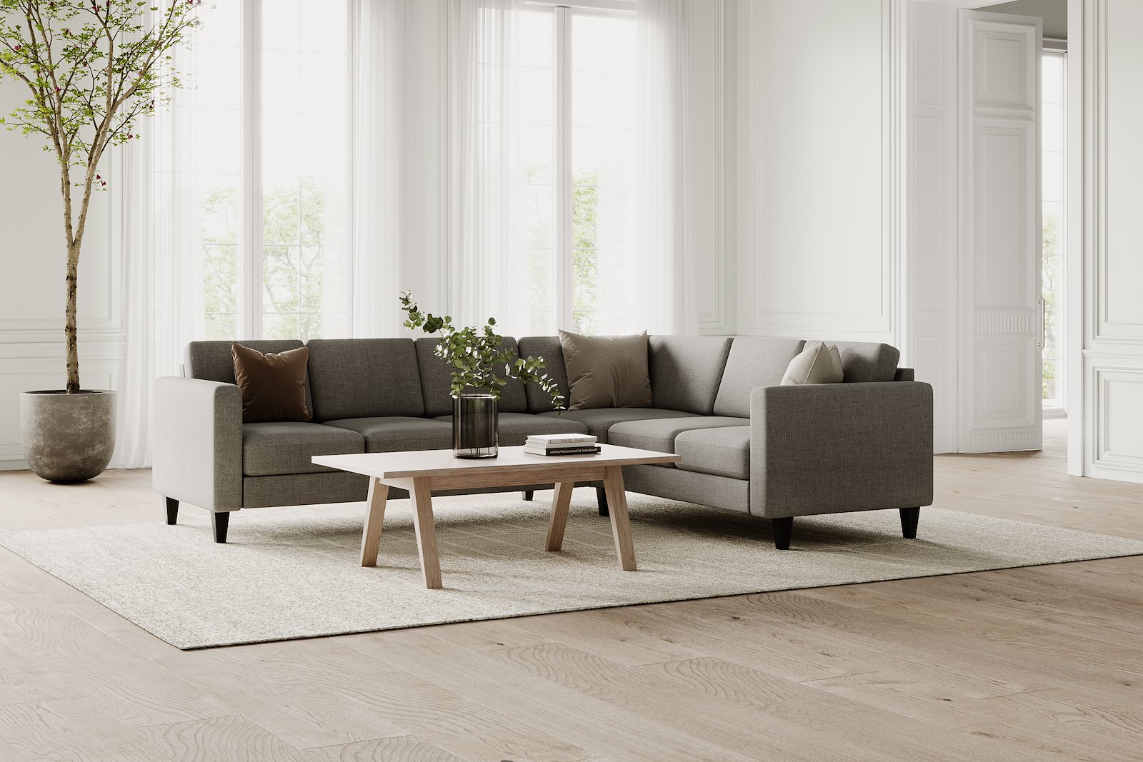Hedda hjørnesofa 32 Tekstil Brego 3 Grey med sorte ben (nr. 6) og 9cm arm (C).