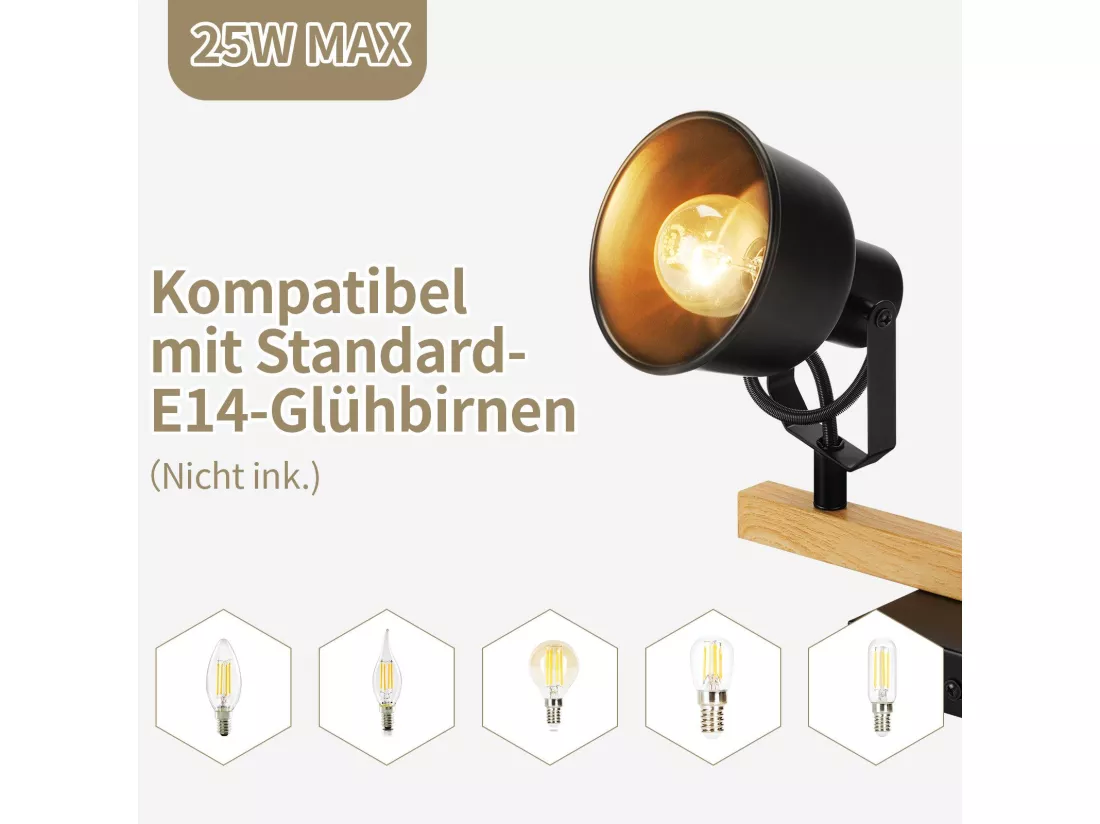 NETTLIFE Spot de Plafond 2 Flammes Orientable à 350° Vintage Douille E14 de conception de haute qualité en bois veiné