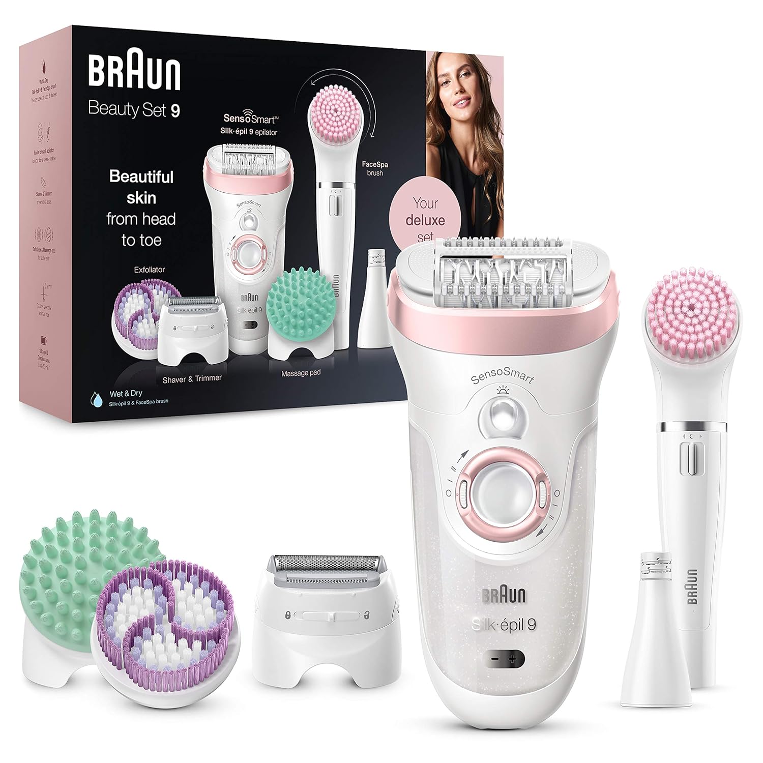 Braun Silk-épil 9 Beauty-Set, Epilierer Damen / Haarentferner, FaceSpa Gesichtshaarentferner, Aufsätze für Rasierer, Peeling, Reinigung Gesicht/Körper, Tasche, 9-995, weiß/flamingo