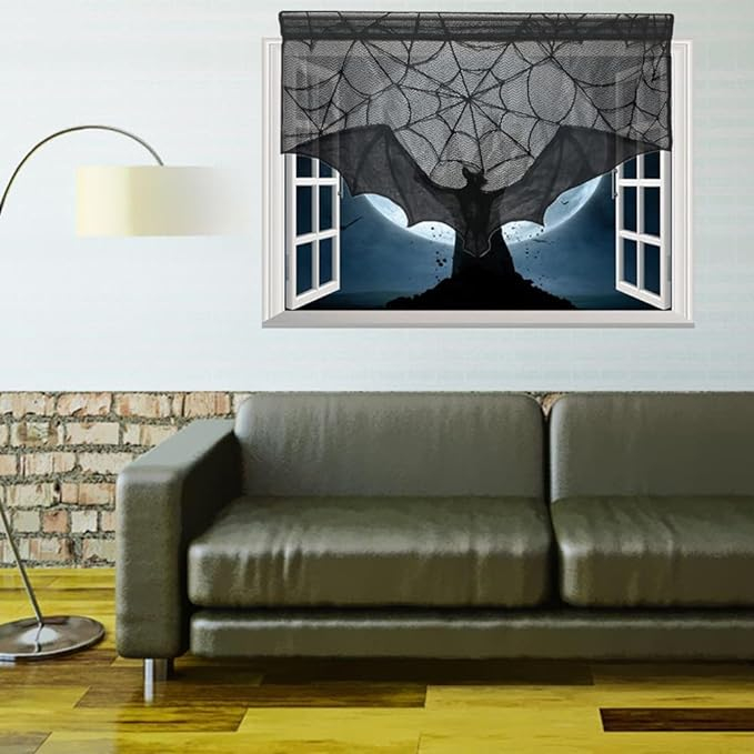 (93x57cm) Spinnen Netz Tuch Gardine Halloween Türvorhang Deko Kaminschal - Fledermaus