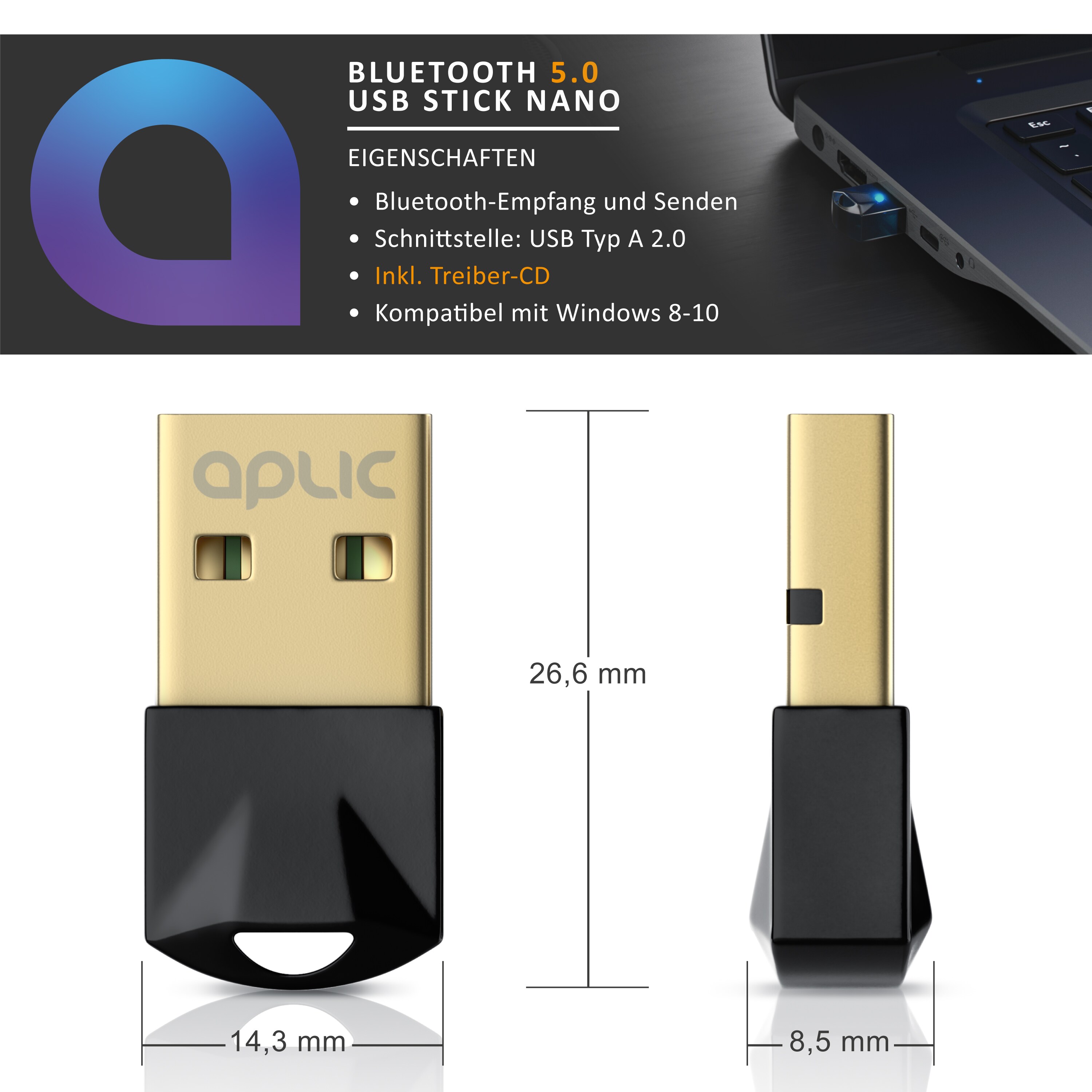 Aplic USB Bluetooth Stick Nano - BT V5.0 Adapter Bluetooth 5.0 Dongle