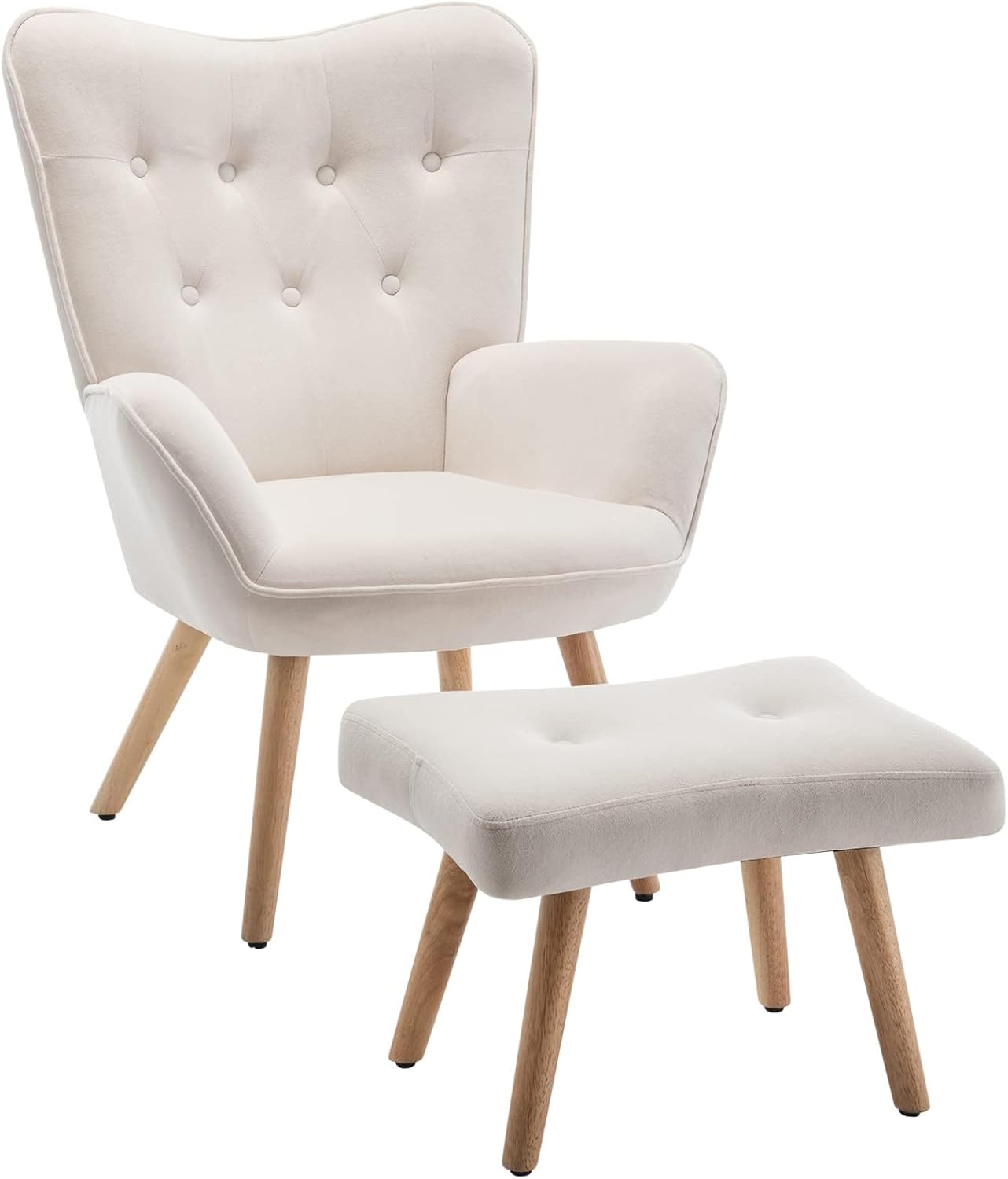 HollyHOME Ohrensessel mit Hocker Sessel mit Hocker Sessel Wohnzimmer & Schlafzimmer Samt Relaxsessel Lesesessel Lounge Sessels Armlehnensessel, Beige