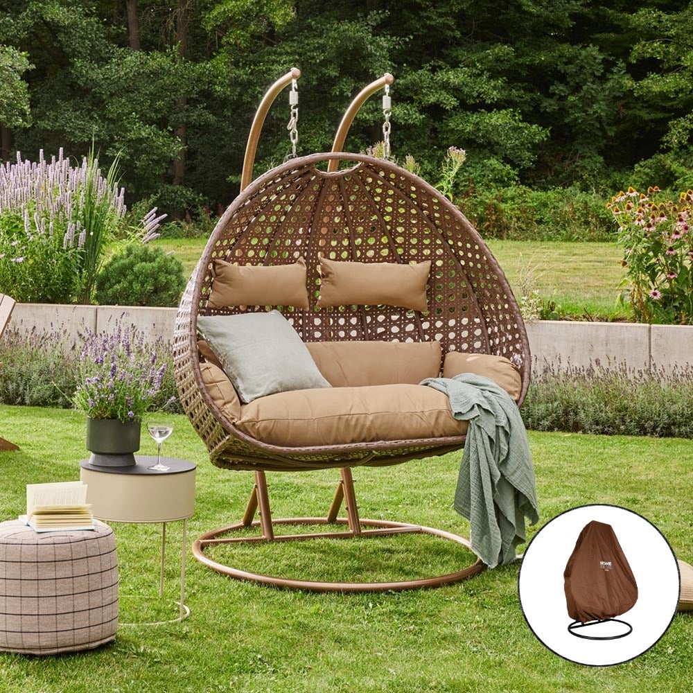 Home Deluxe - TWIN Hangstoel - Bruin, Hoogte 195 cm - incl. regenhoes, frame, zit- en rugkussens | Polyrattan hangstoel, tuinschommel, hangmand