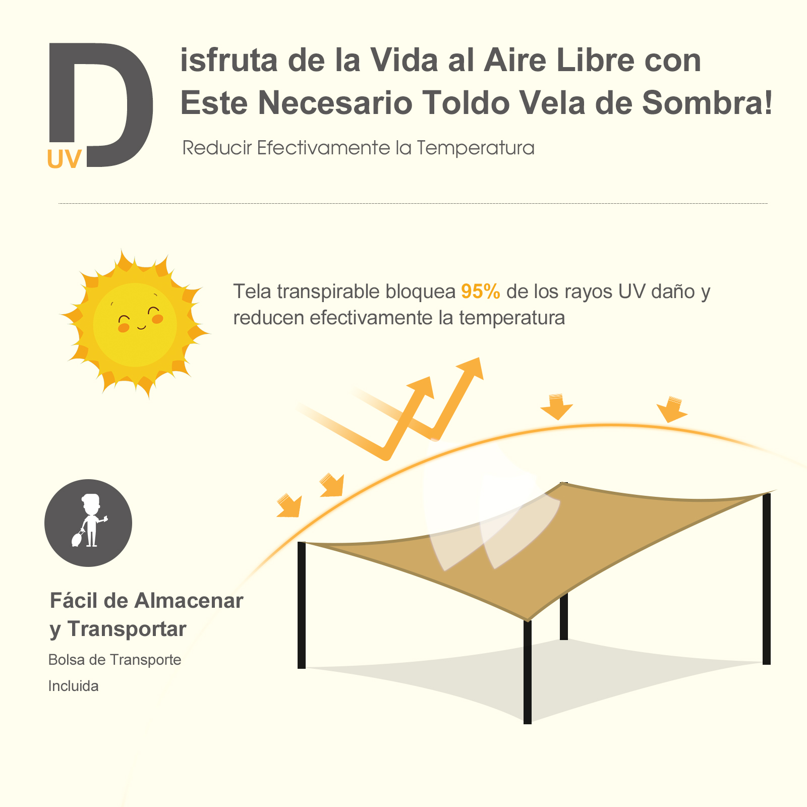 Outsunny - Vela de Sombra Retangular (vários tamanhos e cores), tamanho 3x4m, cor areia