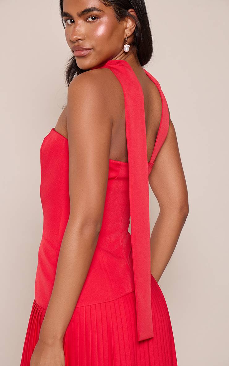 Rouge Robe Maxi Plissée Asymétrique En Tissu Tissé