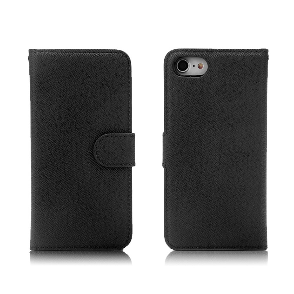 iPhone SE (2022/2020) / 8 / 7 Leder Tasche mit Kartenfächer   Magnetische Schutzhülle - Schwarz