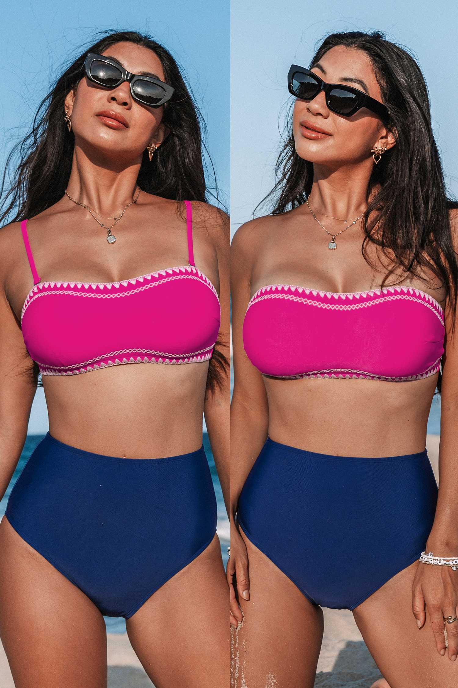 Bikini à point coquille rose et bas taille haute bleu monochrome