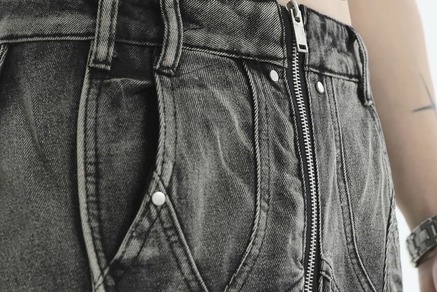 INStudio - Mid Rise Print Washed Rafeled Wide Leg Jeans