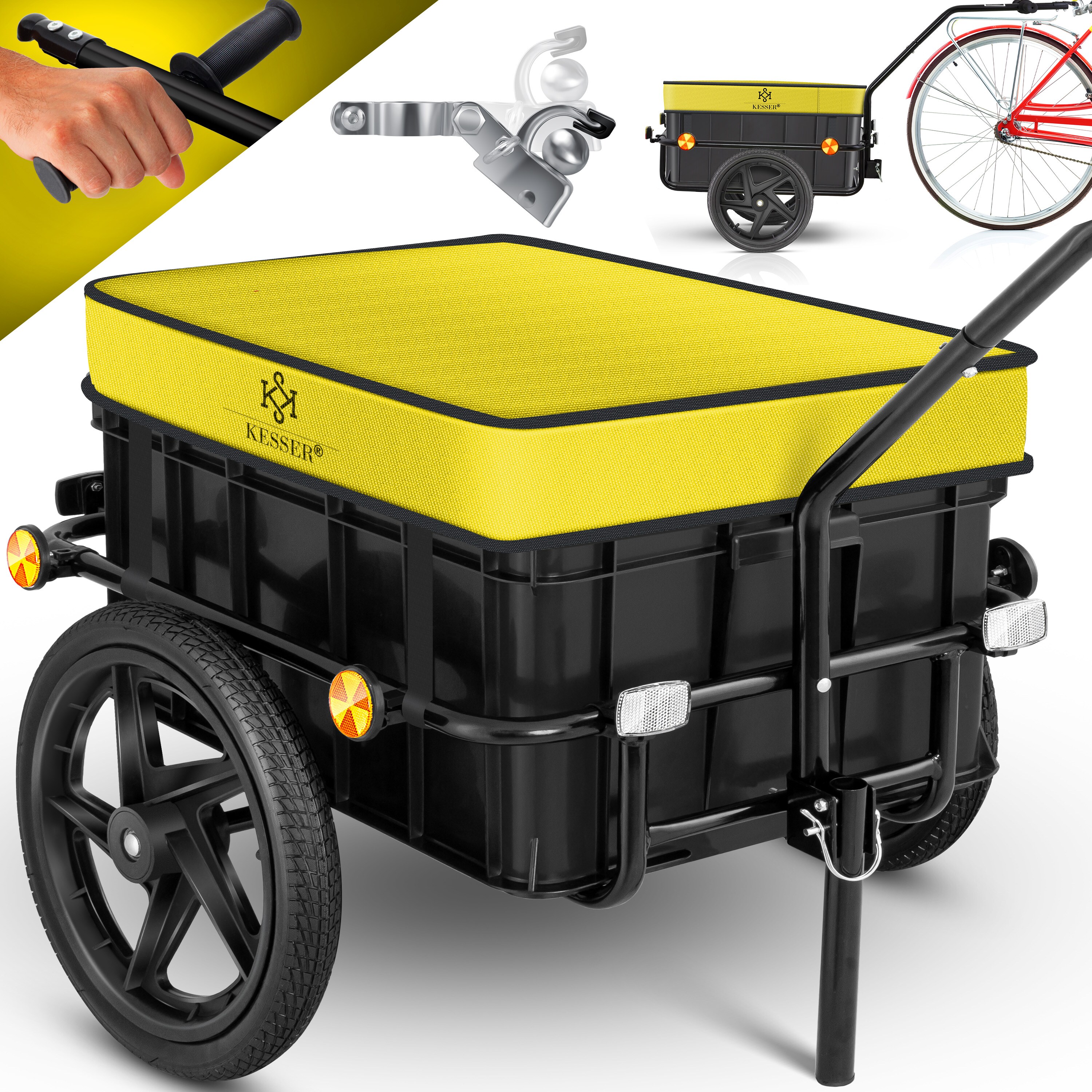 KESSER® Fahrradanhänger Lastenanhänger Handwagen mit Kupplung Hochdeichsel für Fahrrad Transportanhänger Transportbox mit 70 Liter Volumen Max. 60kgfür Fahrräder mit 26'' - 28''