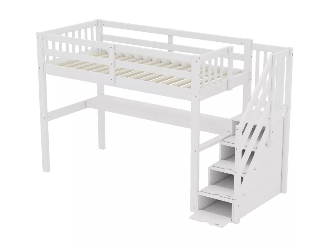 Lit mezzanine en bois de pin - 90x200cm - avec escalier de rangement et bureau - avec sommier à lattes - Blanc