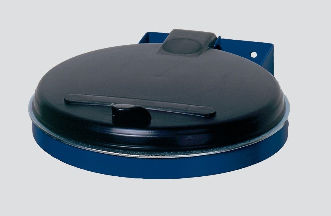 PROREGAL Robuuste enkele afvalbak met kunststof deksel, wandmontage, 35 cm opening, B x D 50 x 48 cm, staal, blauw/zwart