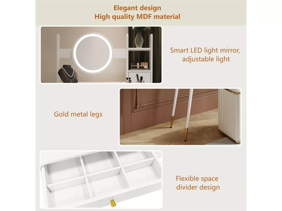 Coiffeuse - rangements & miroir à LED réglable - MDF - Blanc (tabouret non inclus)
