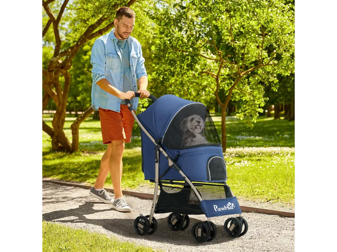 Poussette buggy pliable pour chien rangement laisses coussin inclus bleu