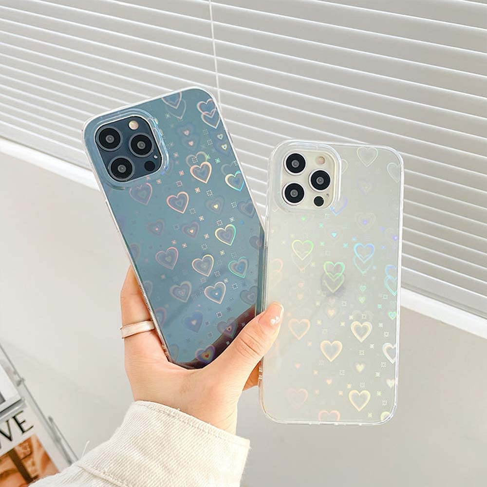 iPhone 14 Pro Hybrid Hülle TPU Bumper   Laser Hologramm Glitzer Herze - Transparent