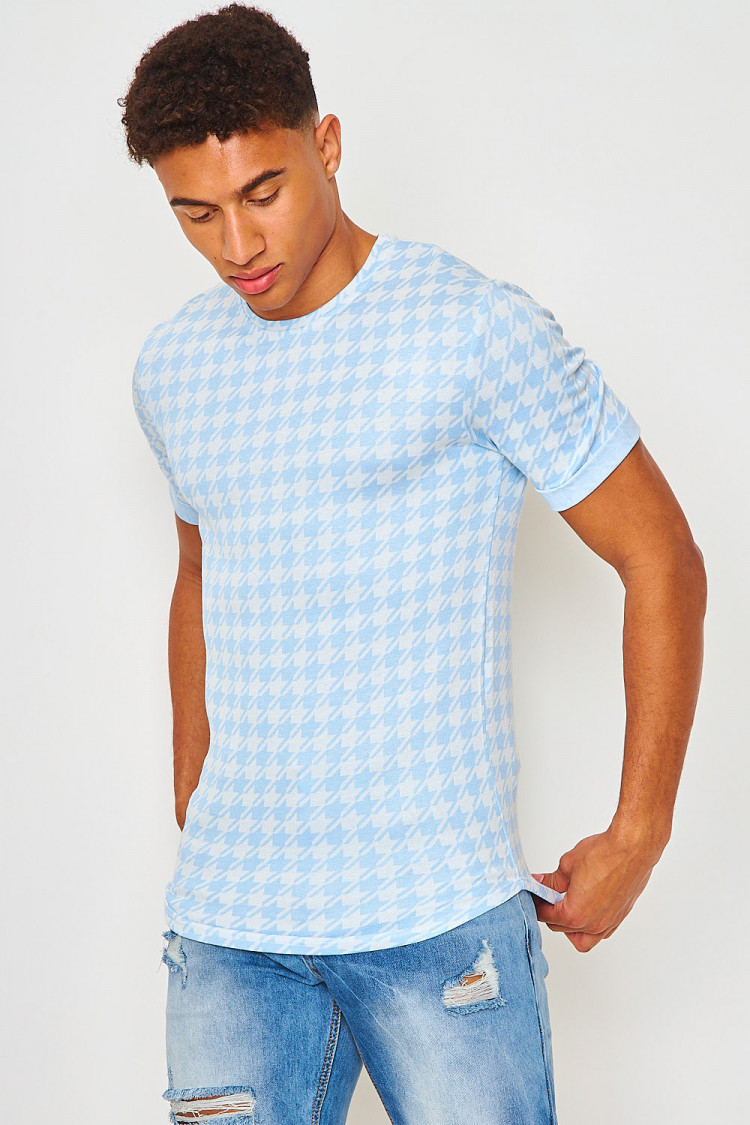 T-shirt bleu motifs pied-de-poule