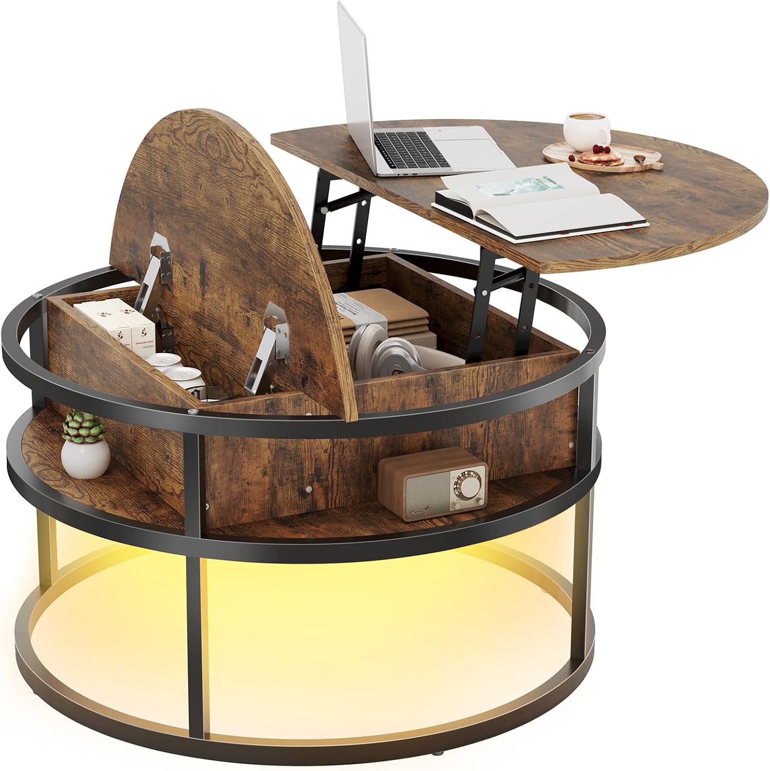 Dripex Couchtisch Rund, 81cm Durchmesser, Höhenverstellbar Beistelltisch mit Verstecktem Stauraum, Wohnzimmer mit Hebeplatte,Couch Tisch,Kaffeetisch, Holz Wohnzimmertisch für Wohnzimmer, Büro