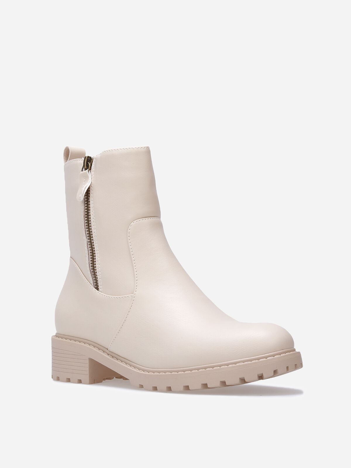 Bottines à empiècements et zip décoratif- Beige
