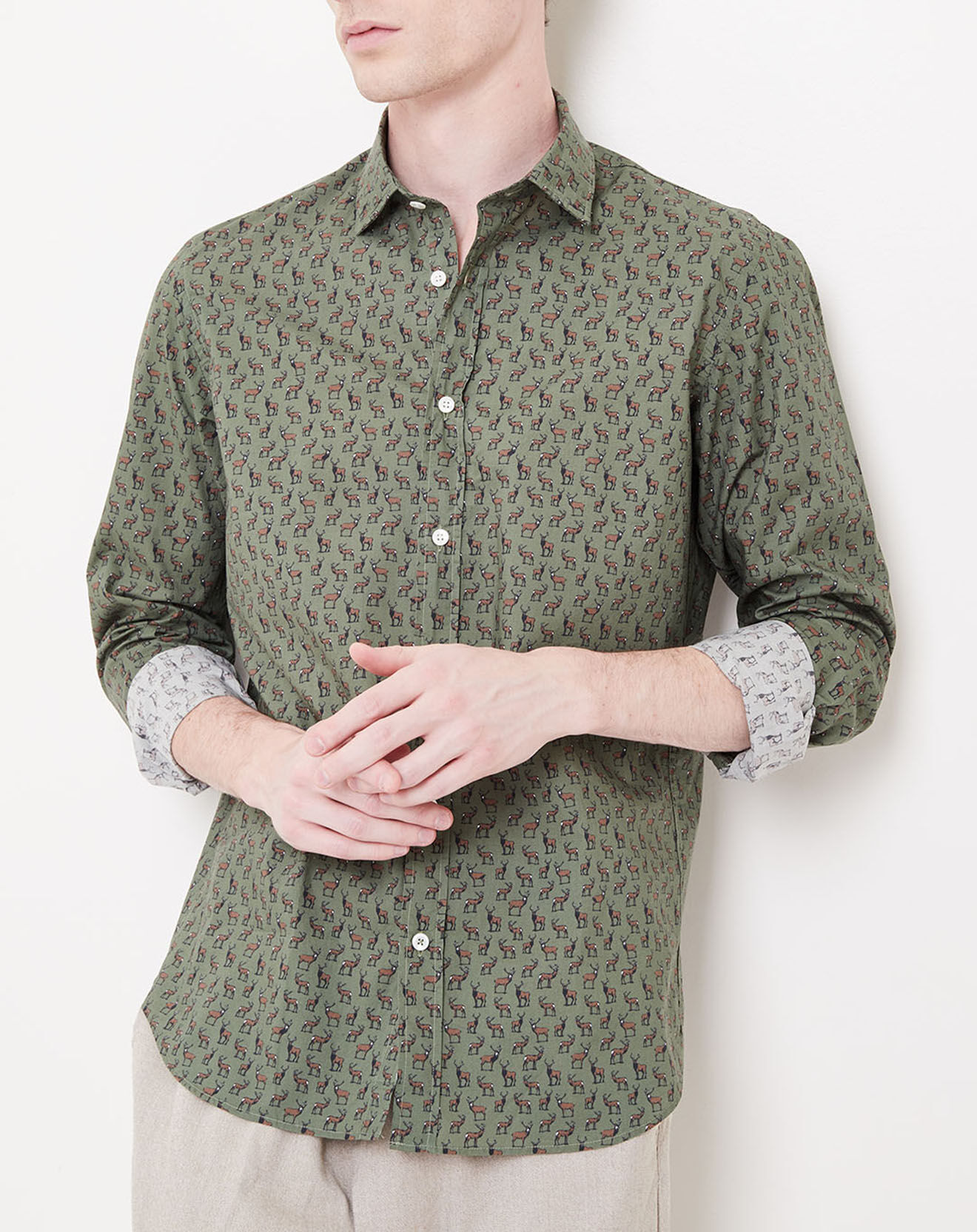 Hartford Chemise Slim Sammy imprimé cerf kaki/marron