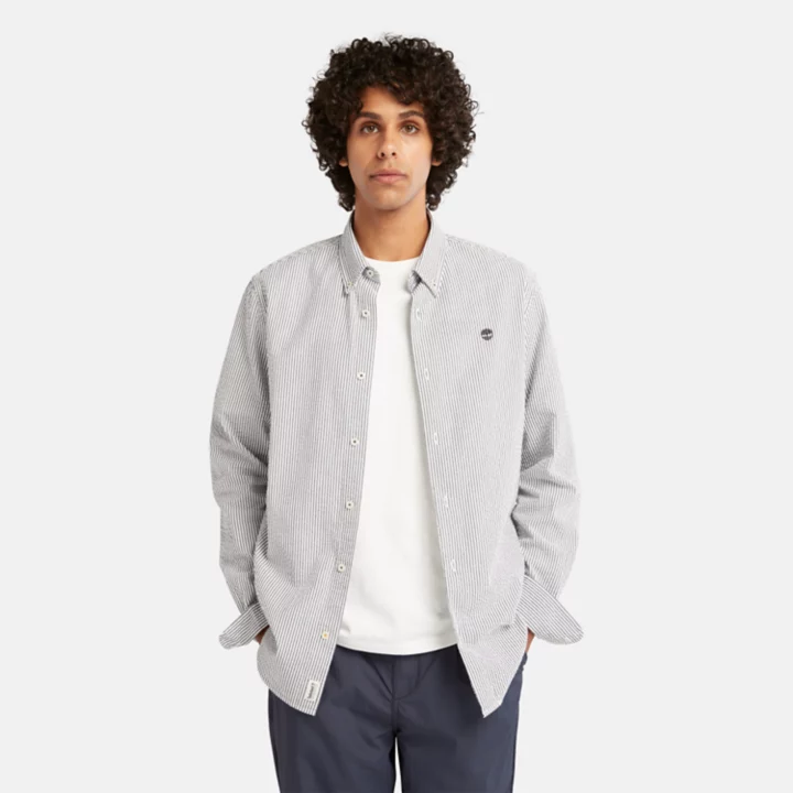 Chemise en seersucker à rayures pour homme en bleu foncé