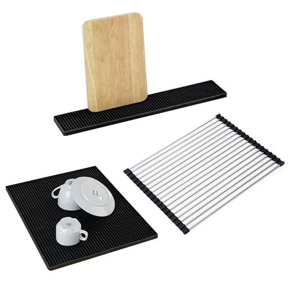 Lot tapis égouttoirs silicone noirs 30x40 cm et 42x8cm et égouttoir fi