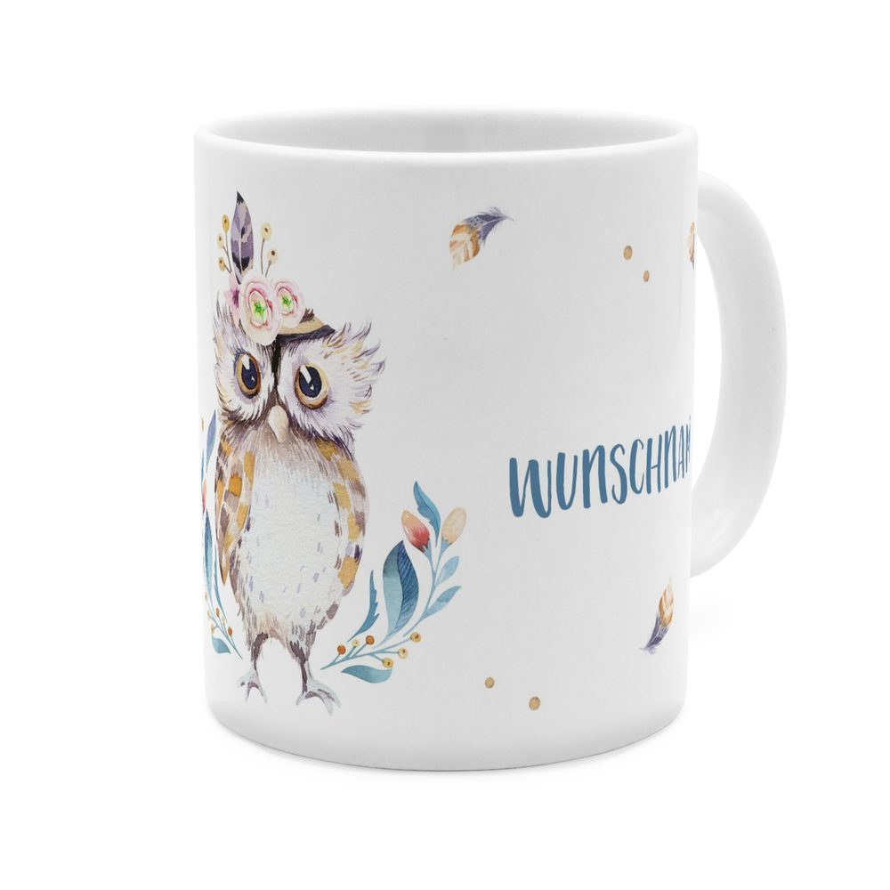 Personalisierte Panorama-Tasse, weiß (Motiv: Eule)
