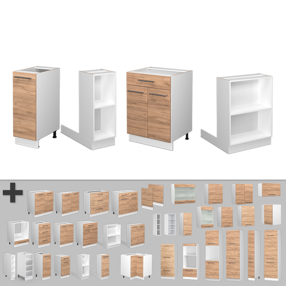 Vicco Kücheninsel Küchenblock Einbauküche Fame-Line Weiß Eiche Goldkraft 90 cm modern Küchen Schränke Apothekerunterschrank Schubunterschrank Regalinselunterschrank Softclose-Scharnier Küchenmöbel