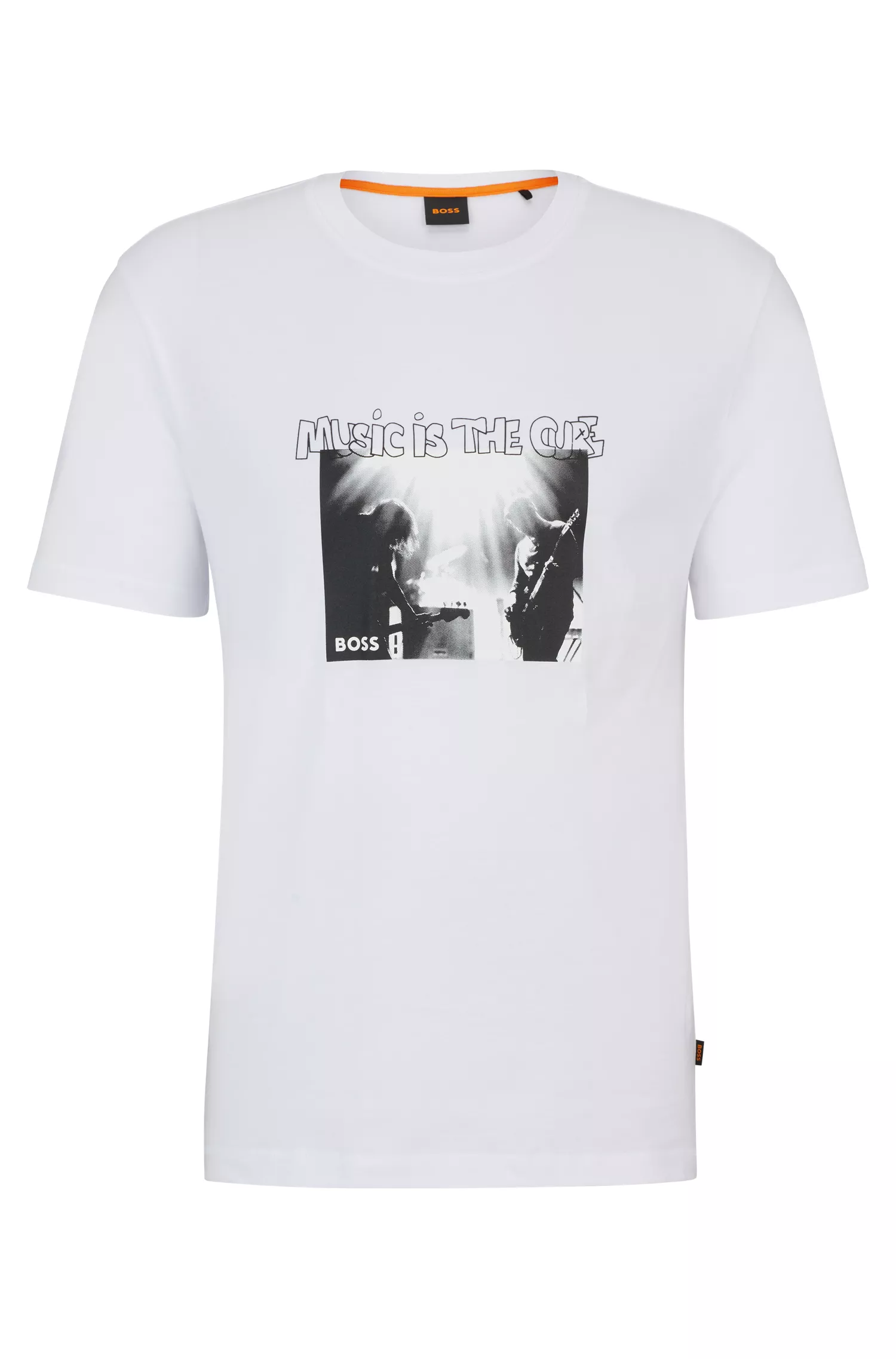 Camiseta BOSS laranja em malha de algodão com estampa sazonal.