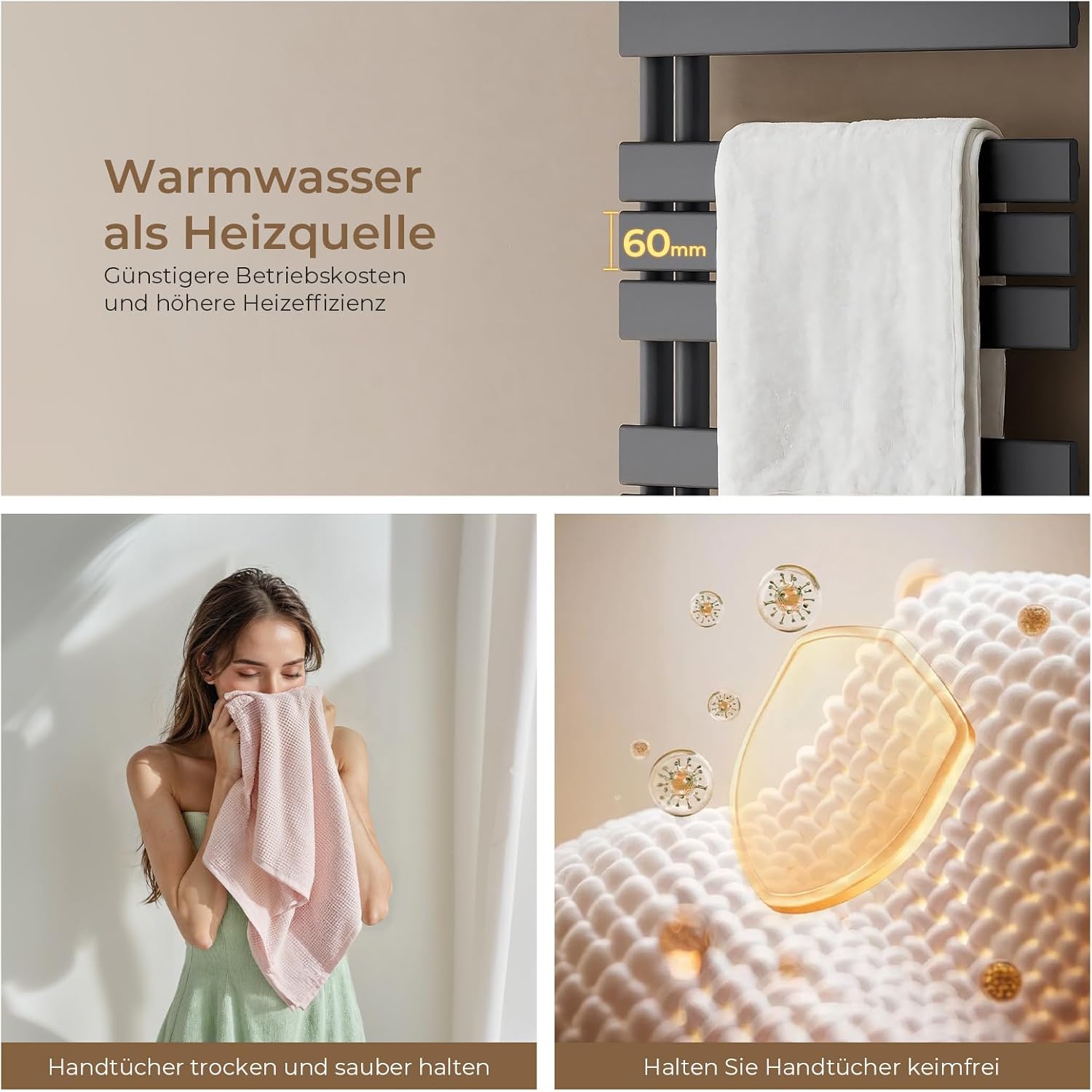 S'AFIELINA Design Badheizkörper Handtuchheizkörper Anthrazit Flach Paneel mit Mittelanschluss 1599x600mm Heizkörper für Bad Handtuchtrockner 1005 Watt (Ohne Thermostatventil)