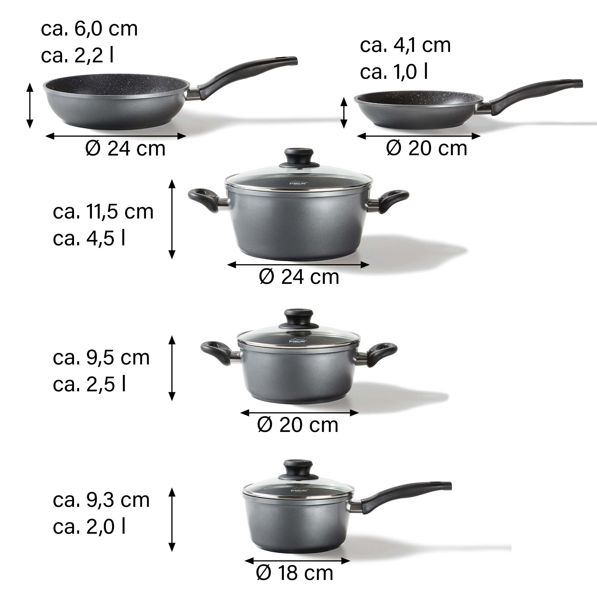 STONELINE® Kochgeschirr-Set 8 teilig mit Deckeln, beschichtete Töpfe & Pfannen Induktion geeignet