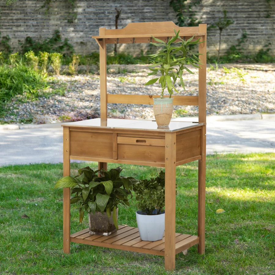 Outsunny Pflanztisch mit verzinkter Arbeitsplatte und Ablage natur