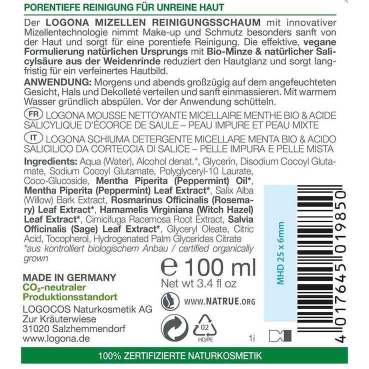 Logona Purify Mizellen Reinigungsschaum, 100 ml