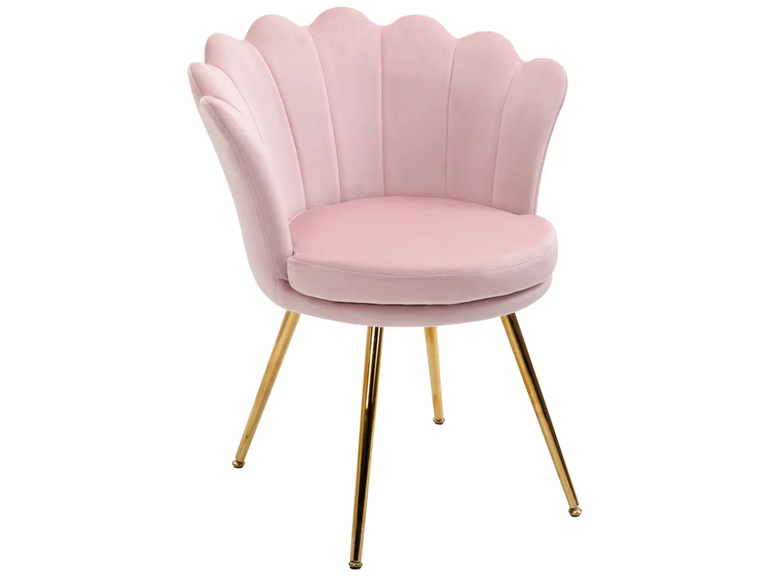 Chaise coquillage chaise design pieds métal dorés effilés velours rose poudré
