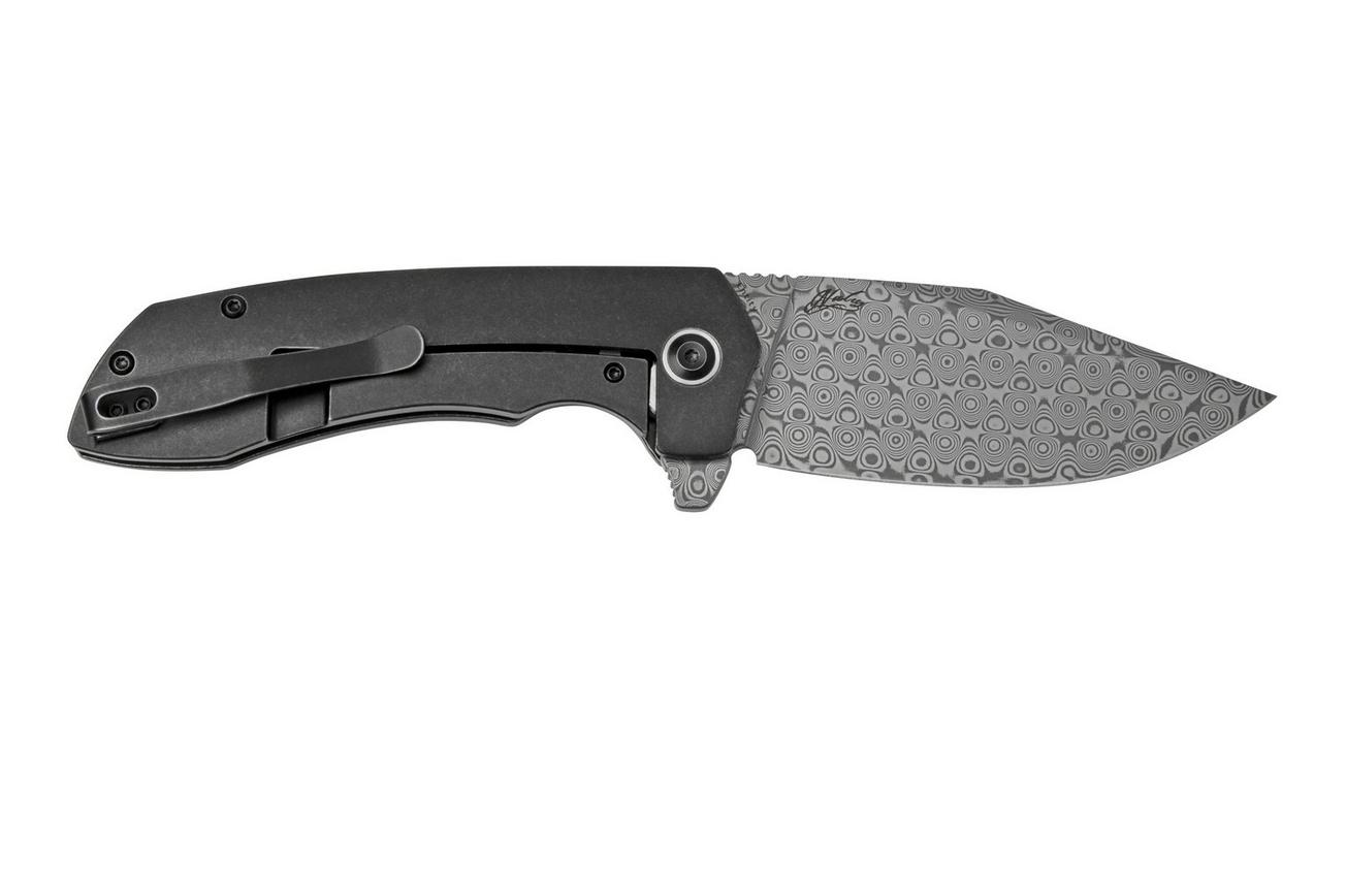 Kansept Entity K1036B3 Damascus, Black Titanium zakmes, Nalu Knives design