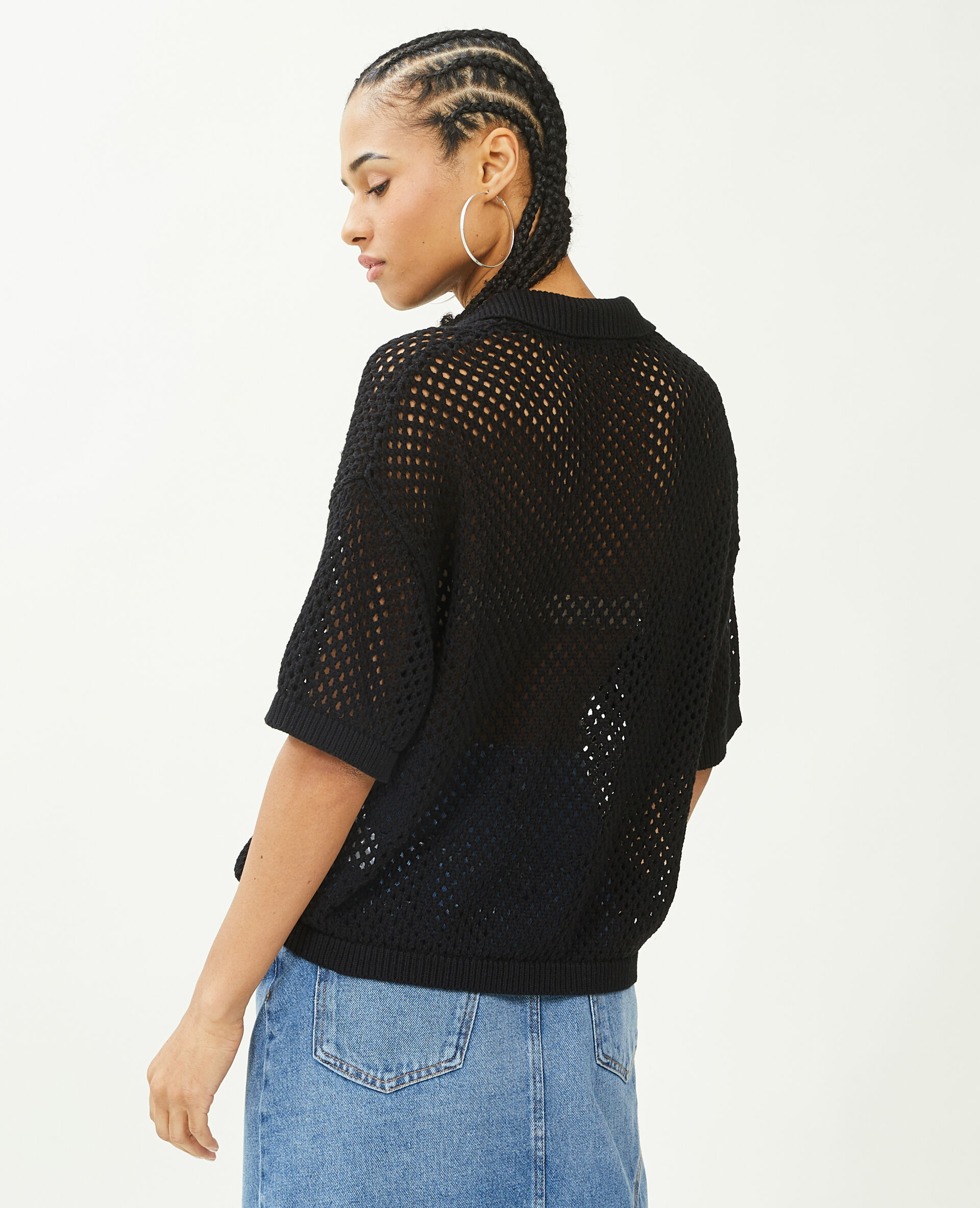 Top col polo maille ajourée - Noir